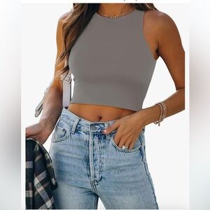 Reoria High Neck Cropped Tank Top Gray Sz Small